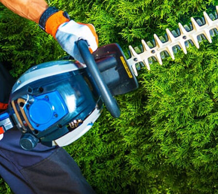 A man is cutting grass